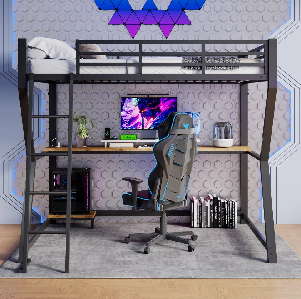 Letto a soppalco 90x200 cm con LED; scrivania e prese USB; metallo nero (Senza materasso)