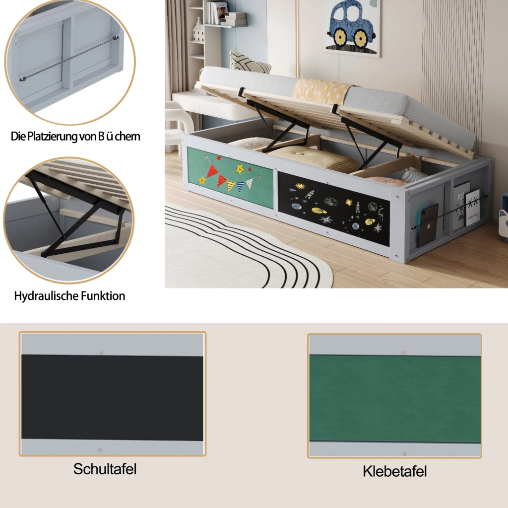 Letto bambini multifunzione 90x200 cm con contenitore idraulico; lavagna e pannello in feltro; grigio