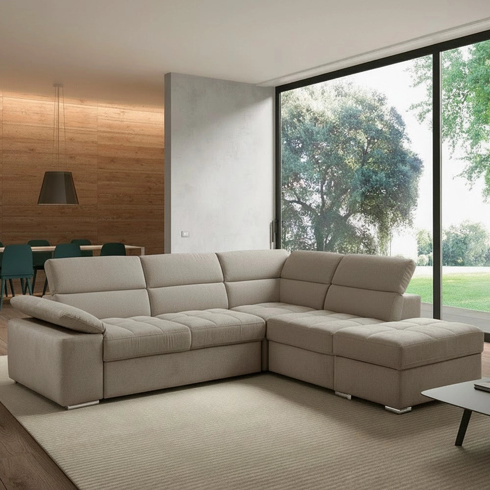 Divano Letto Angolare Capri Reversibile con Pouf Contenitore – Tortora