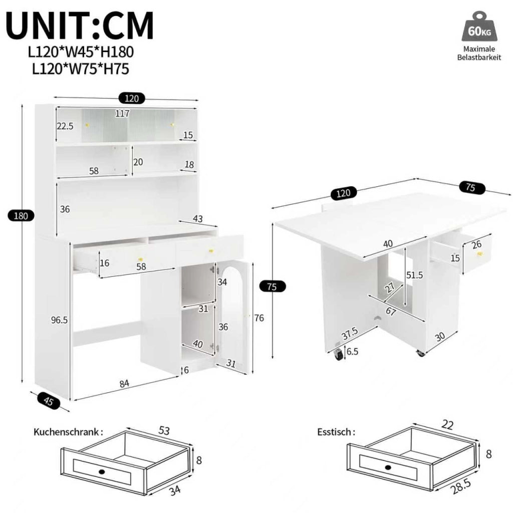 Set Mobile Cucina con Tavolo Pieghevole e Bartisch su Ruote ¨C Xylo ¨C Bianco