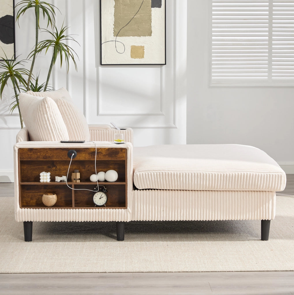 Chaise longue 170x129x70 cm in velluto a coste beige con LED， USB e vano