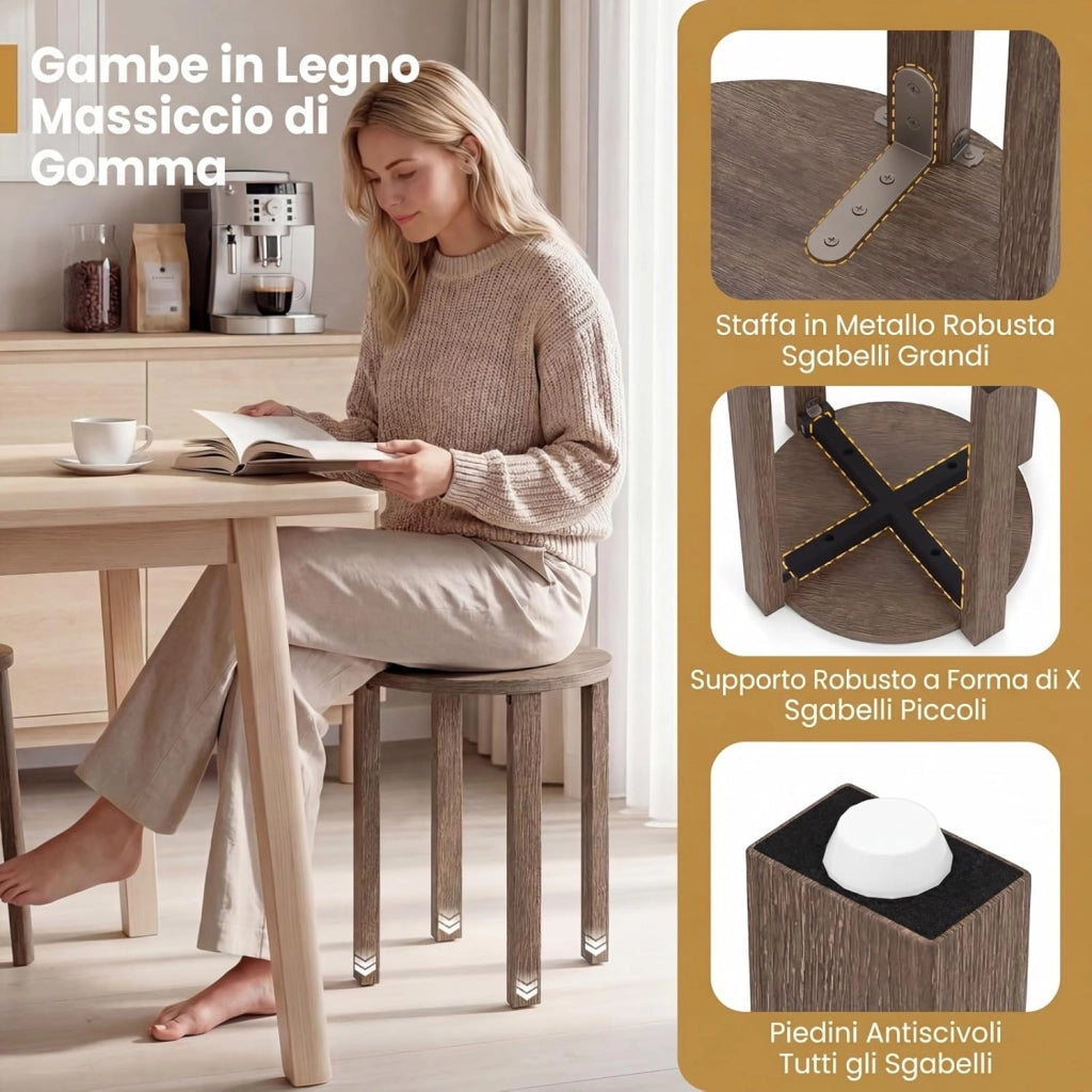 Set di 4 Sgabelli Impilabili 4 in 1, Sgabelli in Legno con Portavaso con Rotelle, 2 Grandi Ø36 cm e 2 Piccoli Ø35 cm, Tavolino Laterale Rotondo per Soggiorno e Camera da Letto (Marrone)