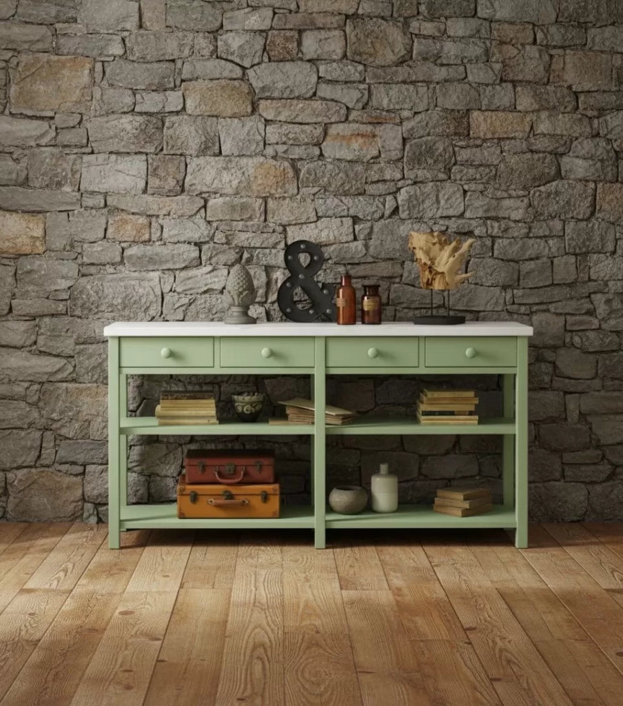 Bancone 4 cassetti 2 ripiani shabby verde in legno massello 200x50x105 - Mobili 2G