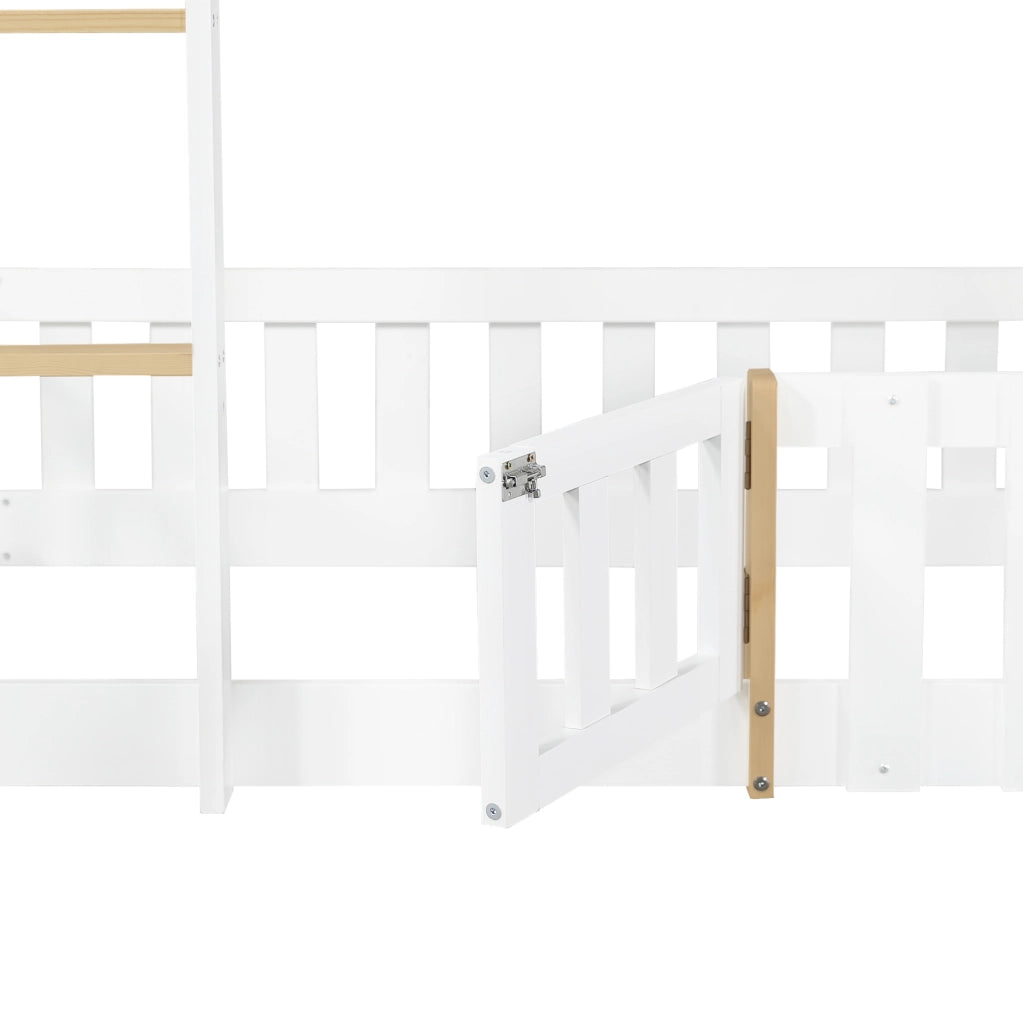 Letto a castello 90x200 cm con scivolo e tetto in legno; MDF e compensato bianco e naturale