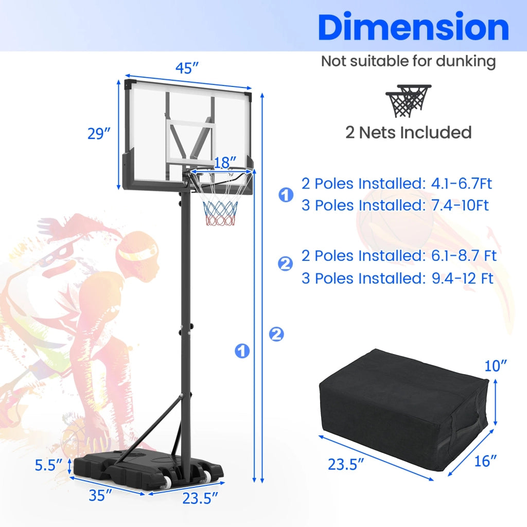 Canestro da basket portatile regolabile 4.1-10 ft per esterno e interno con ruote e base zavorrabile