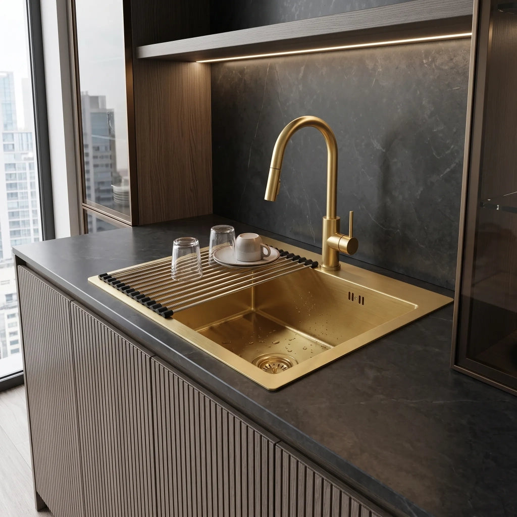 Lavello In Acciaio Con Set Di Accessori 3 Pz. Rea Leo 50 Brush Gold Accessori beige