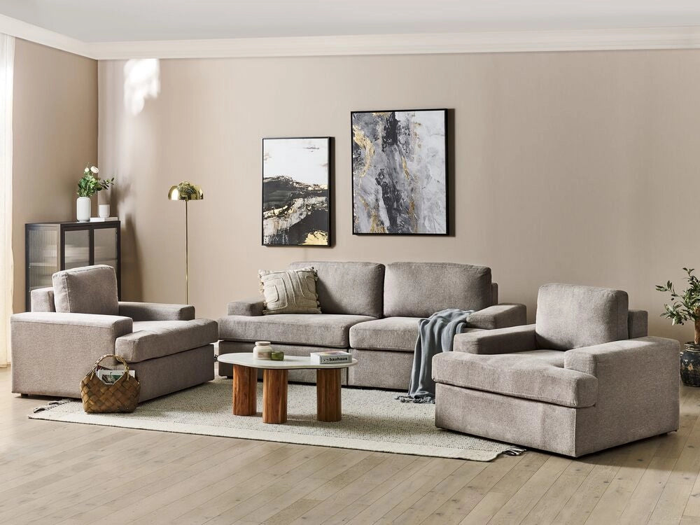 Set di divani in tessuto taupe imbottito a 5 posti con poltrona, schienale imbottito, divano classico per il soggiorno.