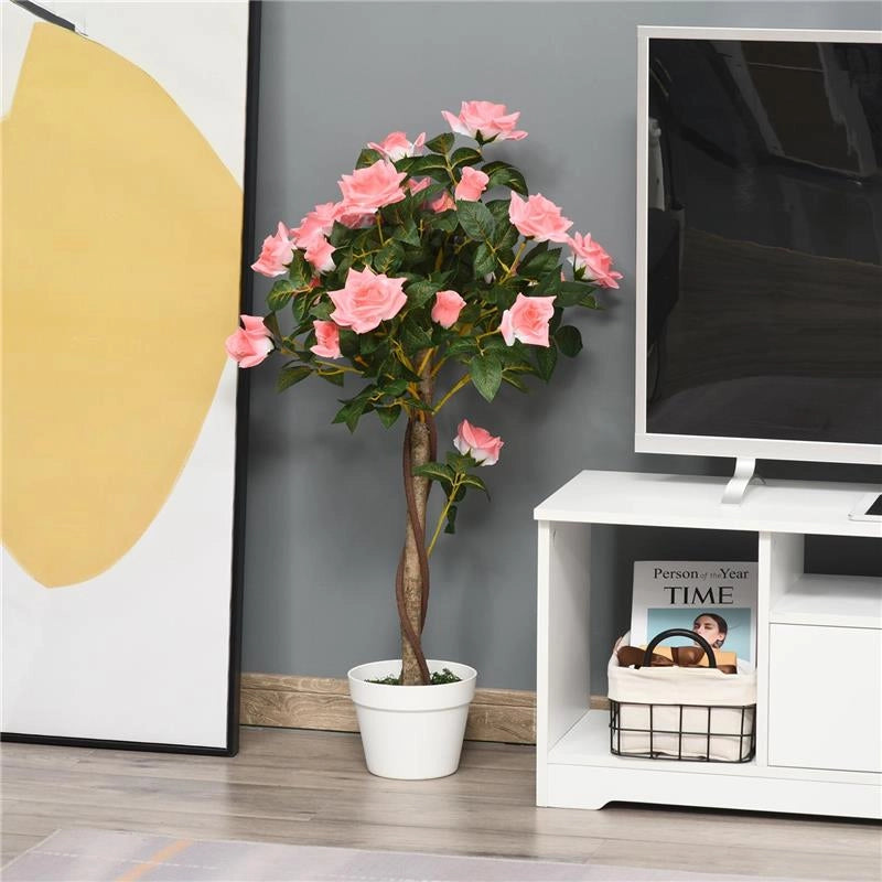 PIANTA FINTA DI ROSA DA 21 FIORI CON VASO RIEMPITO IN CEMENTO E MUSCHIO, Ï18X90 CM, ROSA