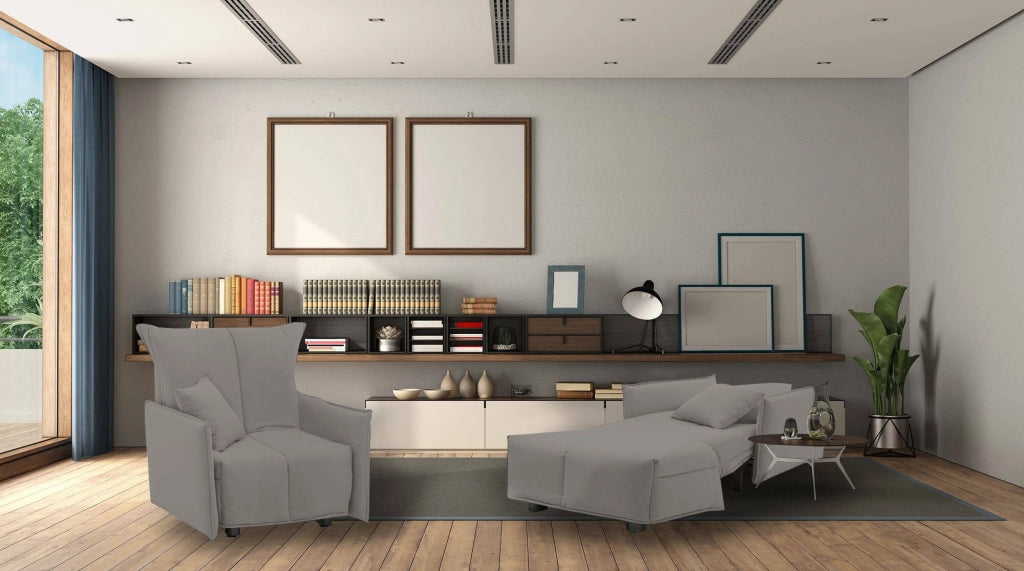 Divano Letto Atlantis, Divano singolo, Made in Italy, Poltrona soggiorno con apertura a carrello, in tessuto imbottito, con Braccioli standard, cm 110x90h85, colore Grigio