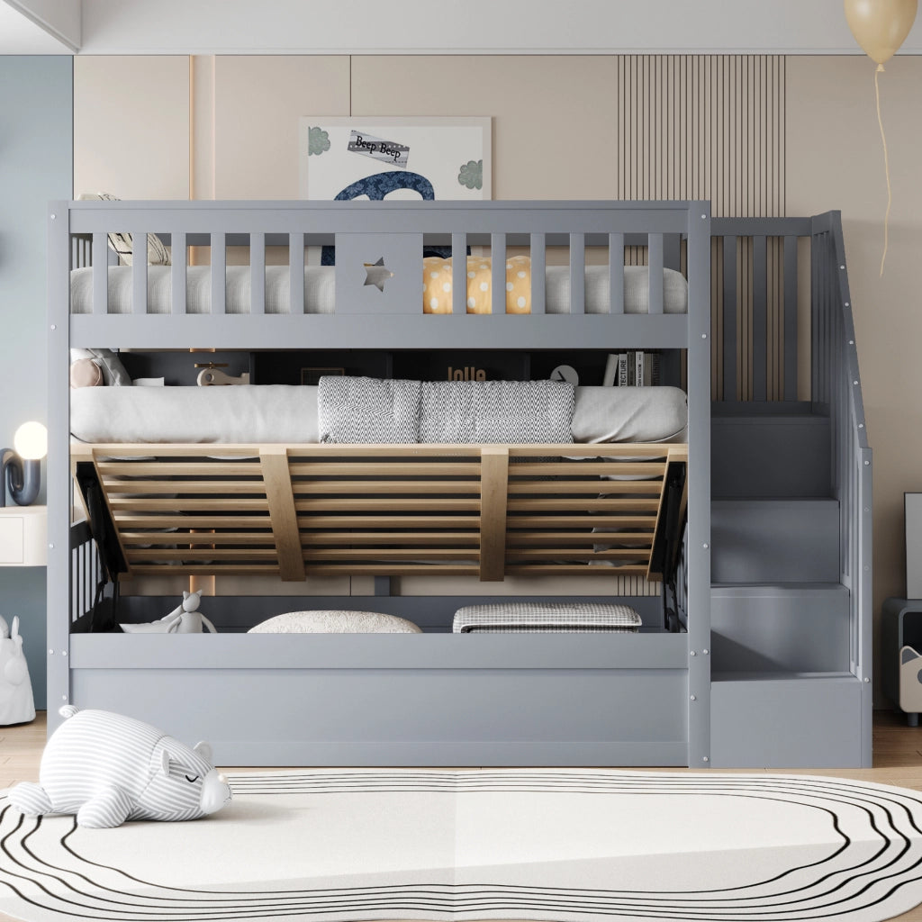 Letto a Soppalco 90x200 cm; Contenitore; Ripiani; Scala con vani; in Legno; Grigio