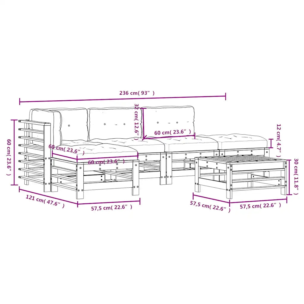 Set Divani da Giardino 6pz con Cuscini in Legno Massello Grigio