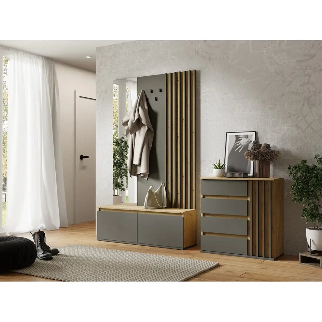 Comò con 1 porta e 4 cassetti - rovere e grigio - Collezione Mone