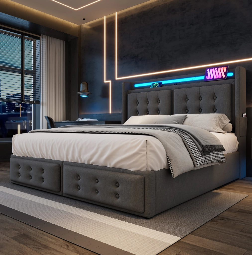Letto matrimoniale 160x200 cm con contenitore; LED; prese e USB; grigio