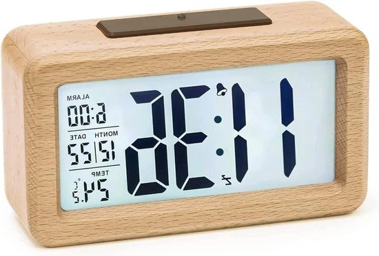 Alarme Digitale Orologio da Letto in Legno - Display LCD Grande con Illuminazione di Sfondo - Funzione di Sogno - Sensore di Brillanza - 3 Batterie AAA - Batterie NON Inclusi