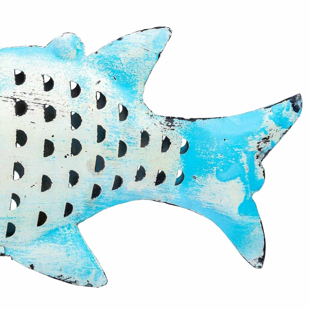Portacandele pesce in metallo invecchiato blu 60x10x28h cm