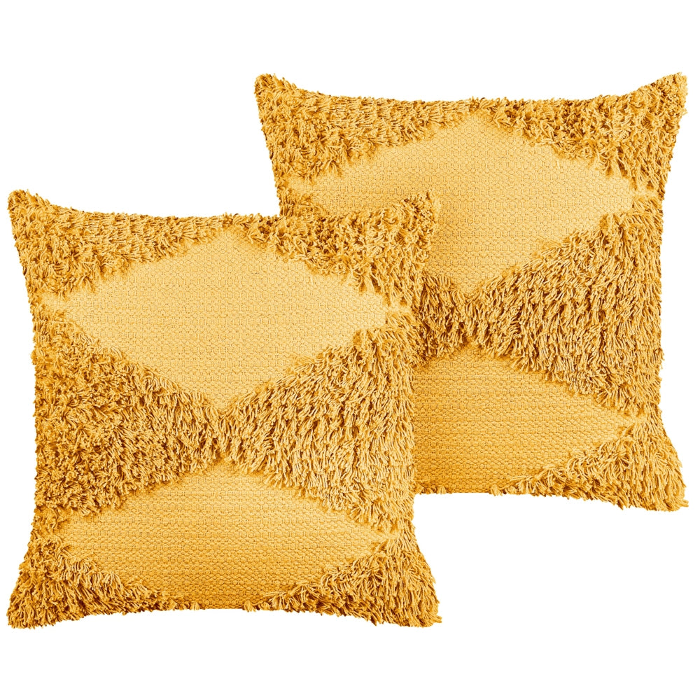 Set di 2 cuscini decorativi in cotone giallo 45 x 45 cm federa boho trapuntata a motivi geometrici solidi