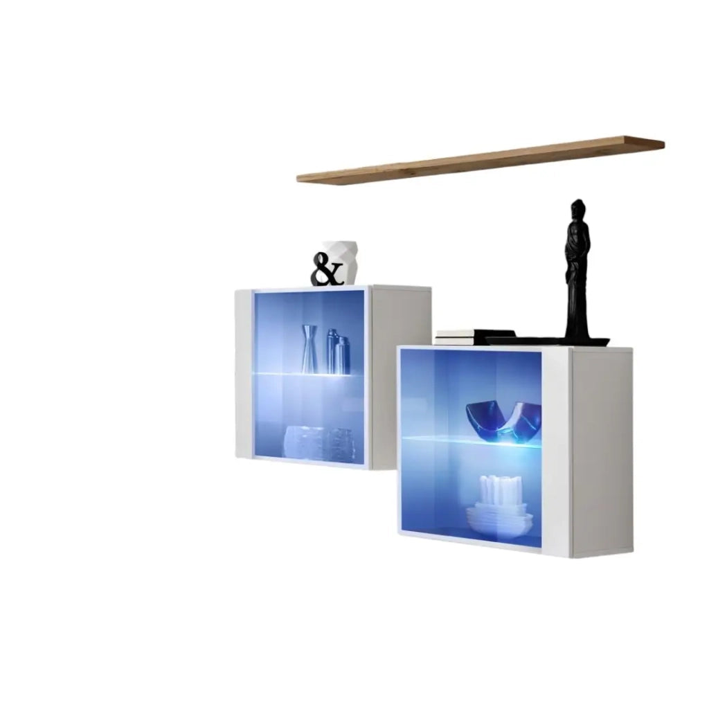 Set salotto SWITCH SBIII in bianco lucido, porta in vetro con LED integrato, scaffale in rovere Wotan, moderno