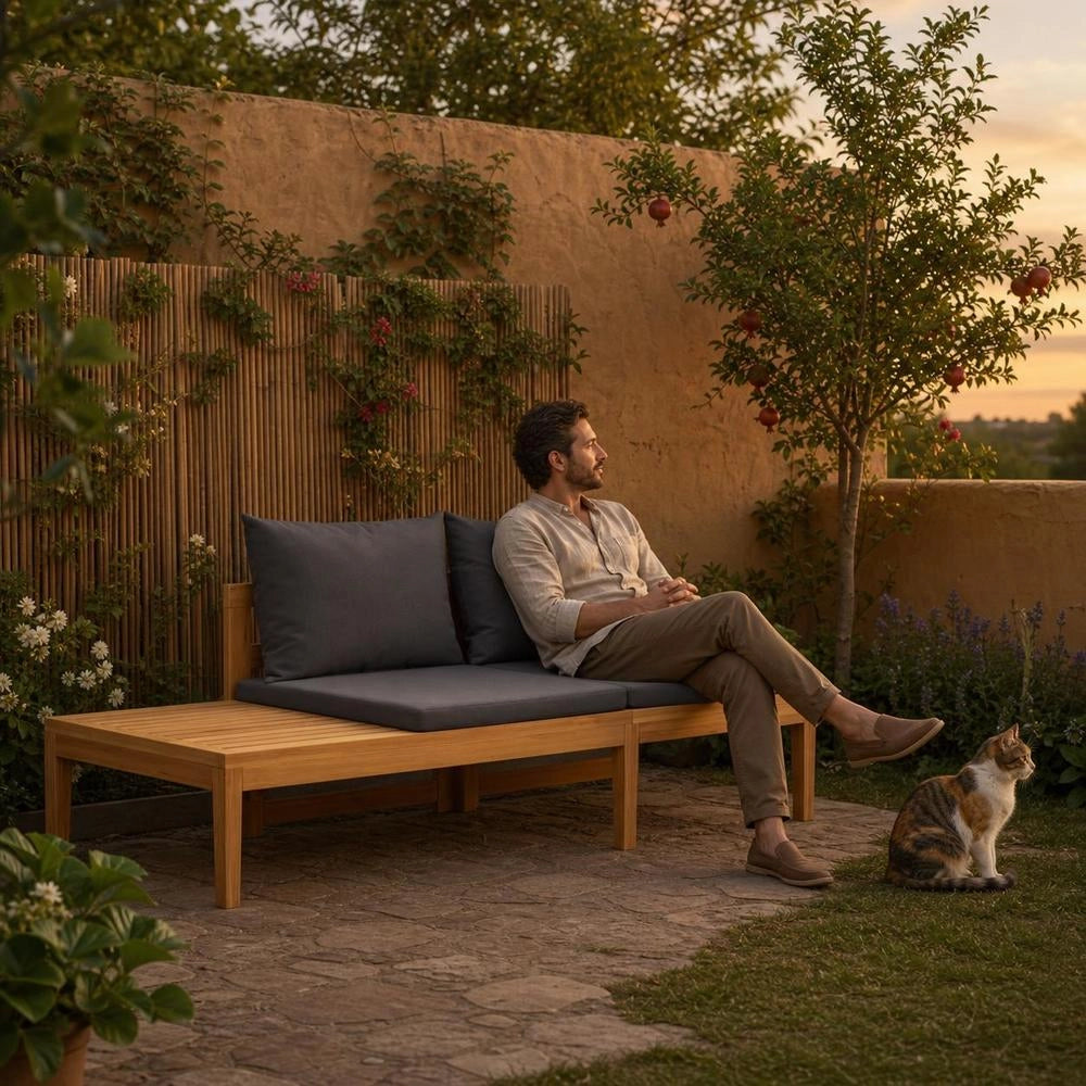 Garden Bench With Table & Dark Grey Cushions, Solid Acacia Wood