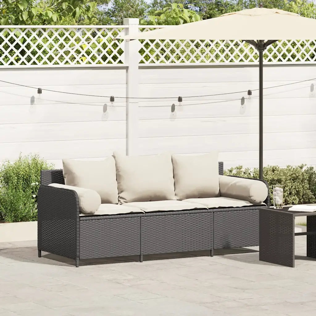 Divano da Giardino a 3 Posti con Cuscini Nero in Polyrattan