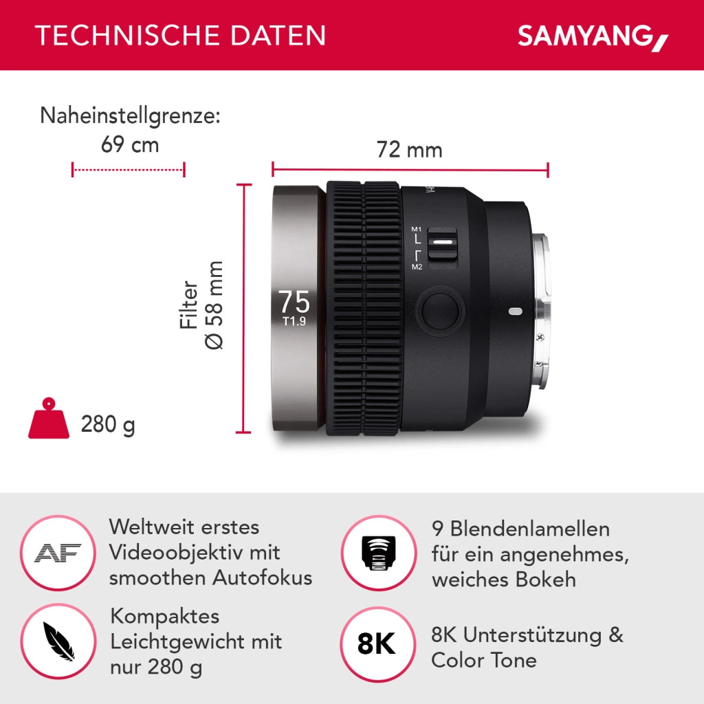 Obiettivo video V-AF 75 mm T1,9 FE compatibile con Sony E, per videocamera, con autofocus risoluzione 8K e Tally lamp, alta intensità luminosa per full-frame e APS-C