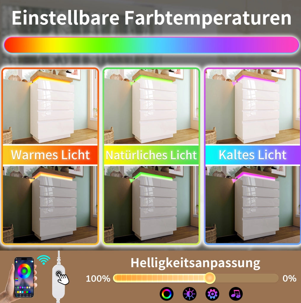 Cassettiera con 6 cassetti e LED con controllo touch e app; 115x73x39 cm; truciolare bianco