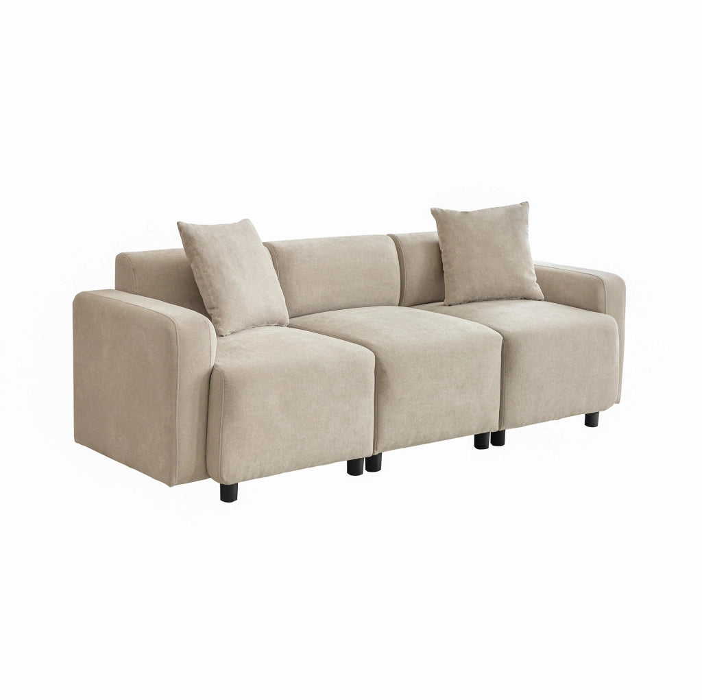 Divano 3 posti in ciniglia beige con 2 cuscini, 211 cm
