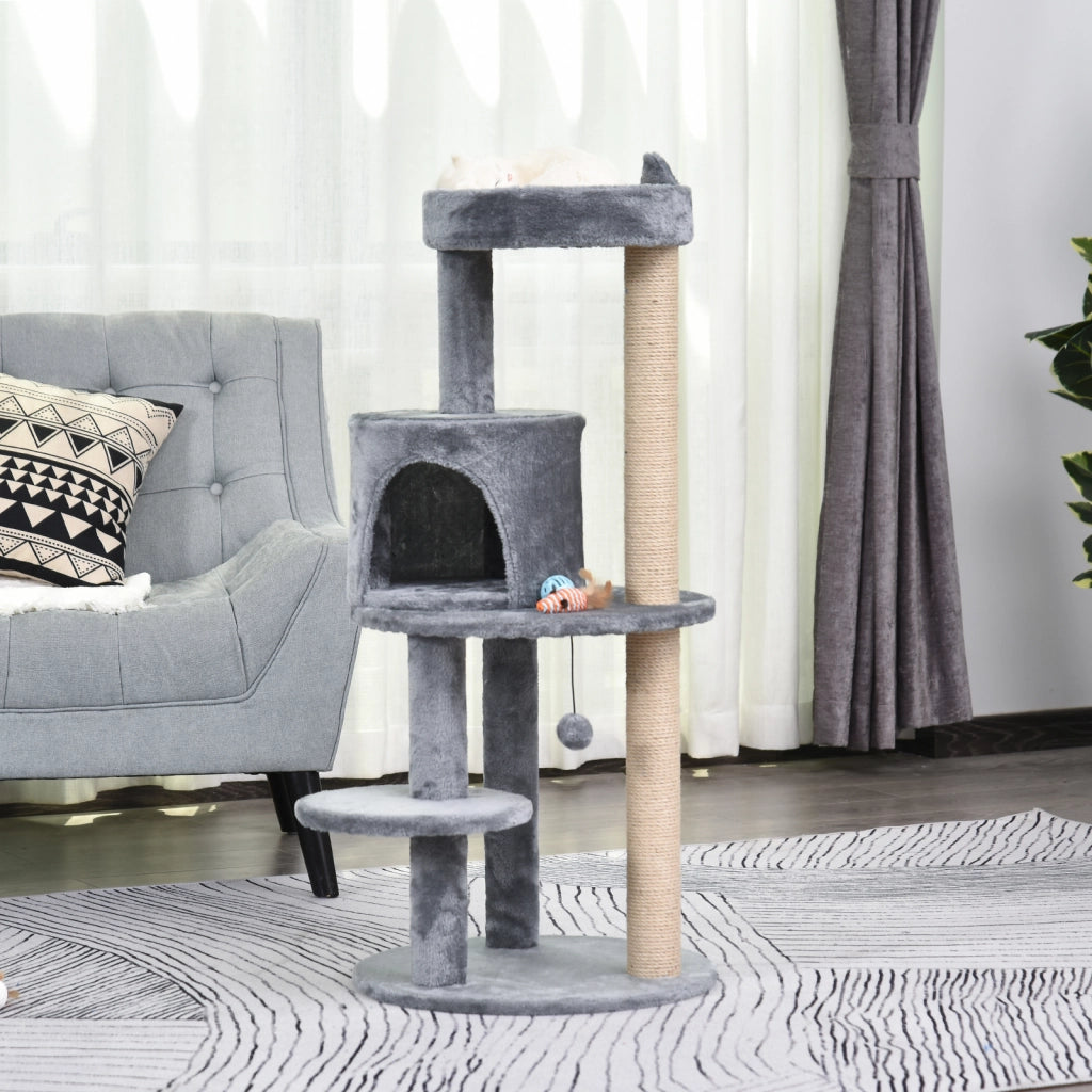 Tiragraffi per gatti 104 cm ¨C Xylo ¨C con grotta, palline gioco, colonne sisal, grigio
