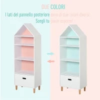 Libreria Scaffale Portagiochi per Cameretta Bimbi e Ragazzi, 1 Cassetto e 4 Ripiani, Bianca e Azzurra 50x30x142cm