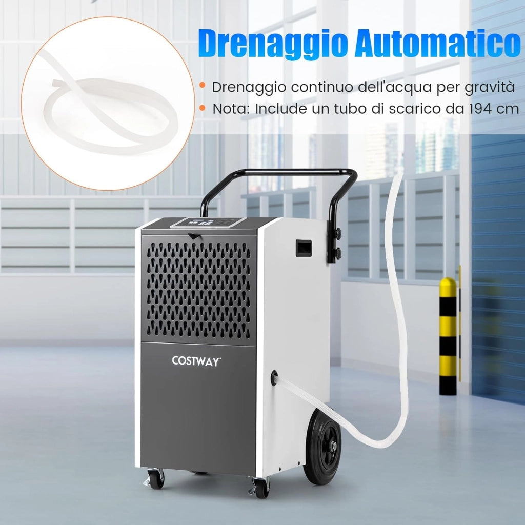 Deumidificatore Casa, Deumidificatore Elettrico con Tubo di Scarico e Timer, Portatile con Ruote per Cantina, Magazzino, Fabbrica e Grandi Spazi fino a 695 m³ (Bianco)