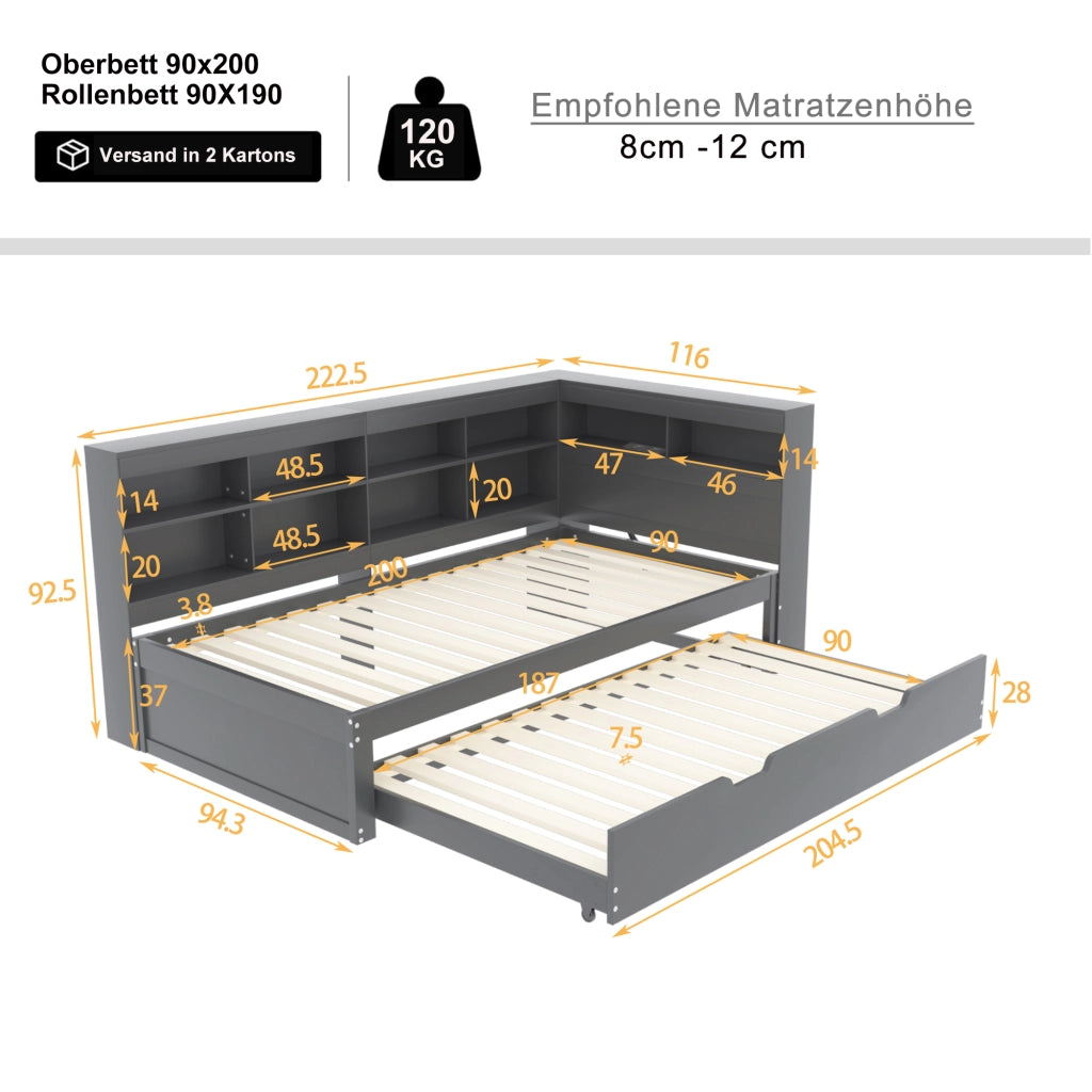 OKWISH Letto a Divanetto 90×200 cm, Letto Singolo con Letto Estraibile 90×190 cm, USB, Vani Contenitore e Mensole, senza Materasso, Grigio