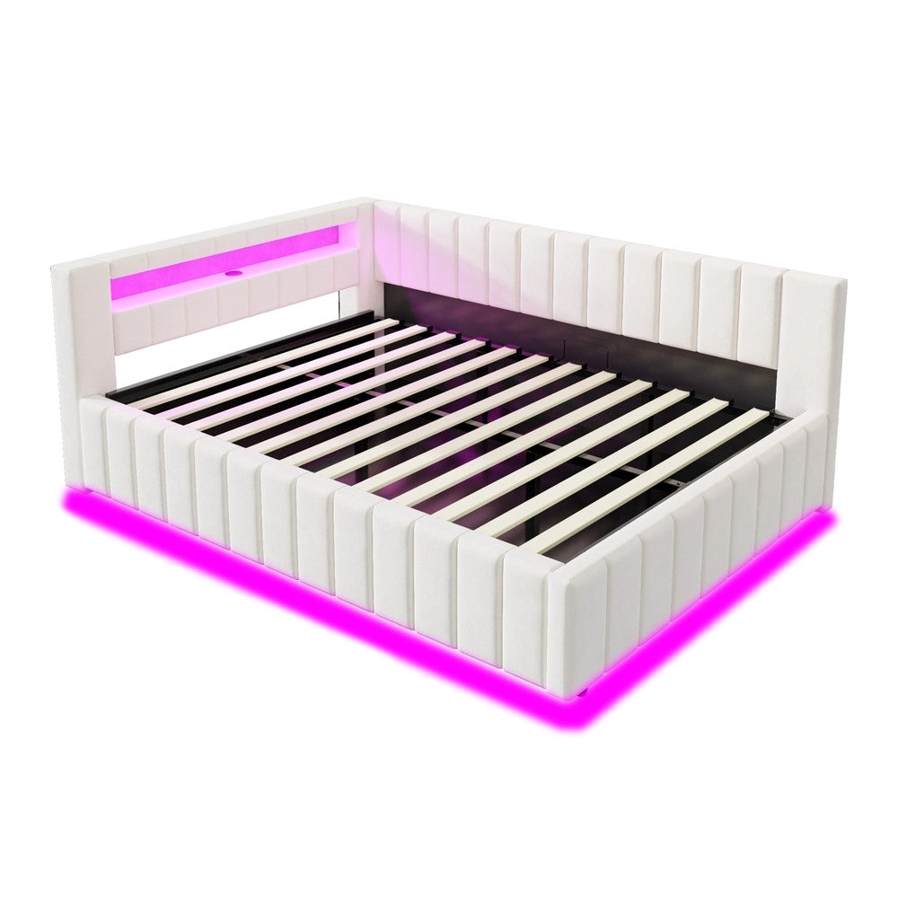 Letto imbottito contenitore con LED ¨C Minimal ¨C 140x200 cm velluto beige