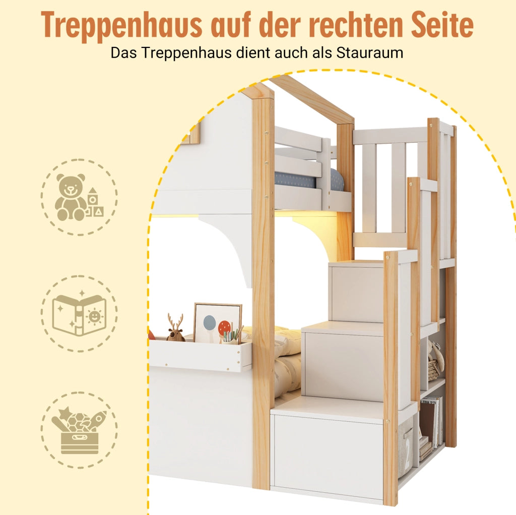 Letto a soppalco per bambini 90x200 cm con scala contenitore LED