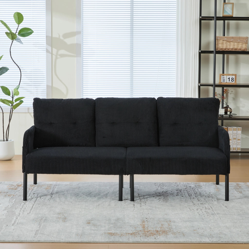Divano a tre posti in velluto a coste con schienale ergonomico, tasca laterale e struttura in metallo nero 171 × 72 × 80 cm