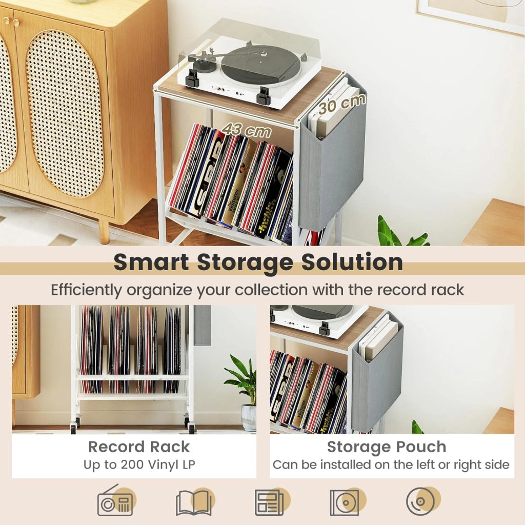 Supporto per giradischi con ruote, tavolino ausiliario con borsa laterale e divisori per dischi in vinile, fino a 200 LPs, 49,5 x 30 x 64 cm, organizer per CD, album, riviste (naturale)