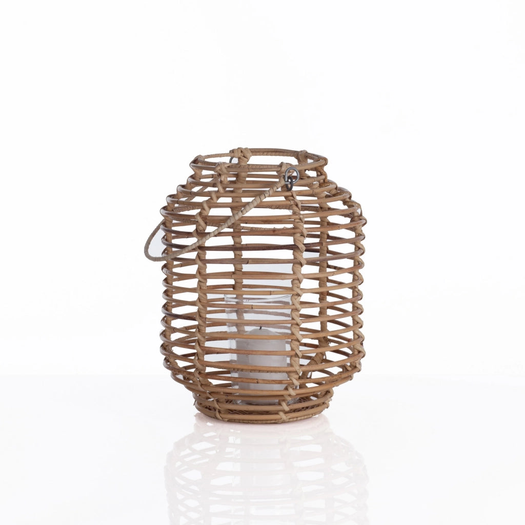 Lanterna in rattan beige contenitore in vetro per esterno