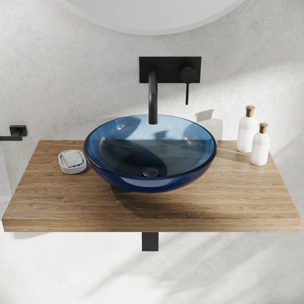 Lavabo da appoggio in vetro trasparente 39,5x39,5x14cm color blu | Aurea