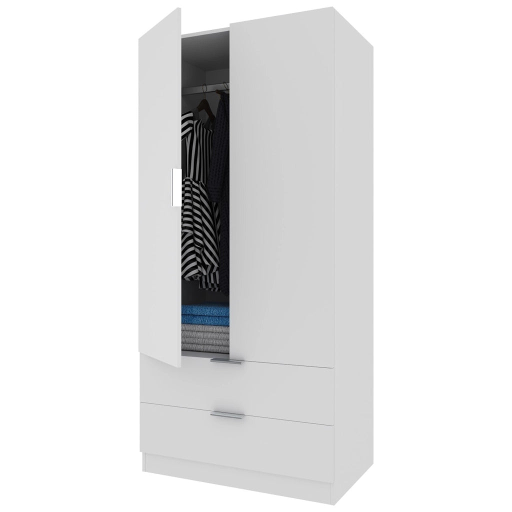 Armadio Multiuso Per Camera Da Letto Con Appendiabiti 2 Ante Maniglie In Metallo E 2 Cassetti Ideale Per Arredare La Tua Stanza 180 X 81 X 52 Cm Bianco