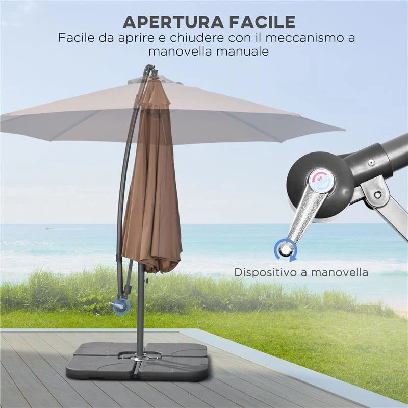 OMBRELLONE DECENTRATO A 6 STECCHE CON MANOVELLA E BASE A CROCE IN METALLO E POLIESTERE Ø 292X247 CM CAFFÈ