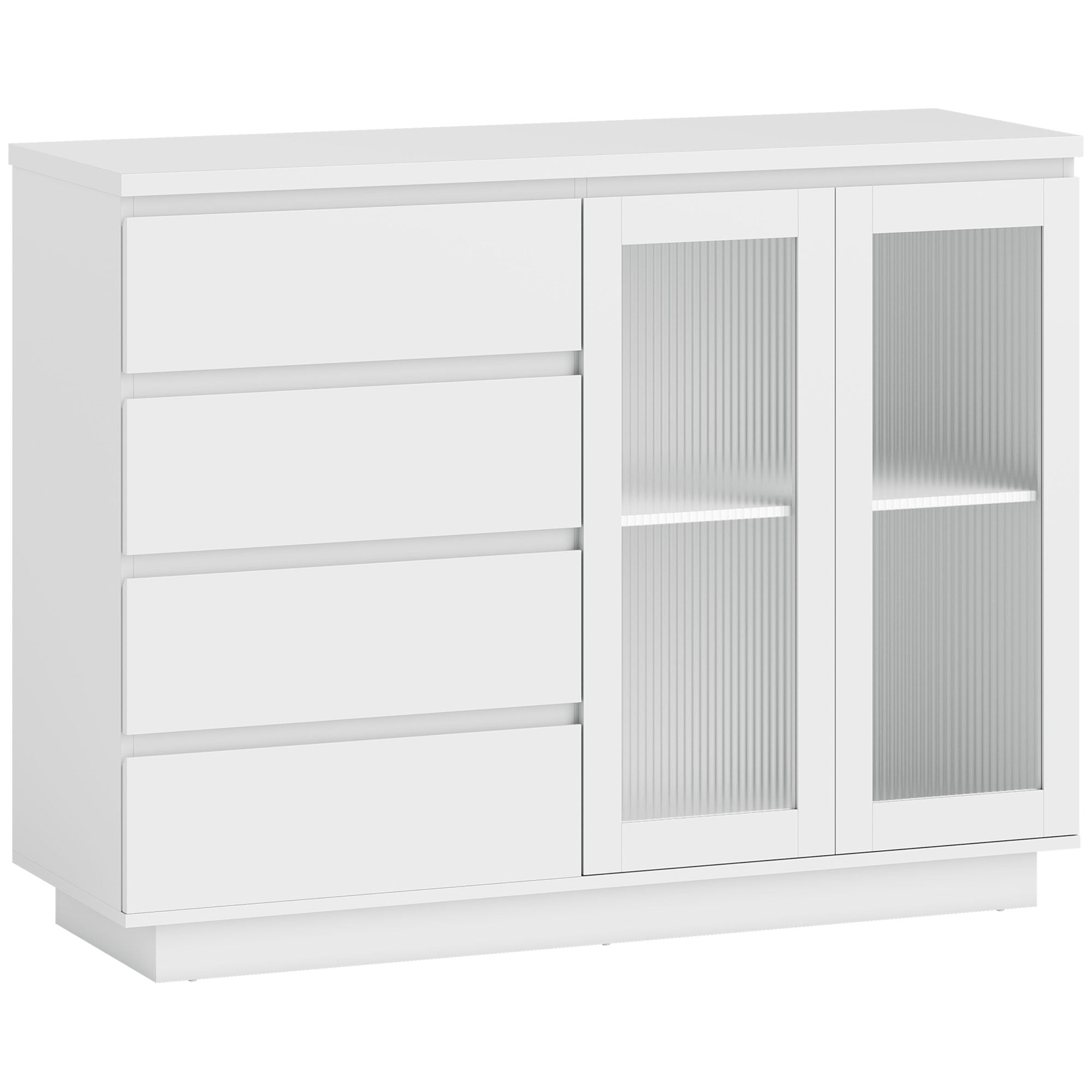 Credenza Buffet 120x40x91 cm con 4 Cassetti e Armadietto con Ante in Vetro in Legno Bianco