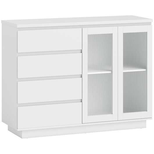 Credenza Buffet 120x40x91 cm con 4 Cassetti e Armadietto con Ante in Vetro in Legno Bianco