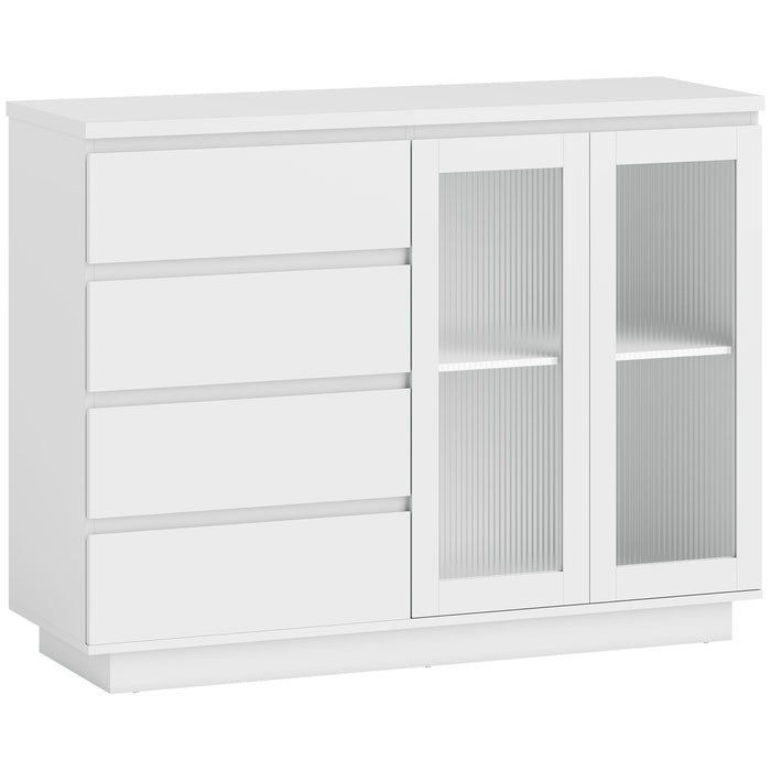 Credenza Buffet 120x40x91 cm con 4 Cassetti e Armadietto con Ante in Vetro in Legno Bianco