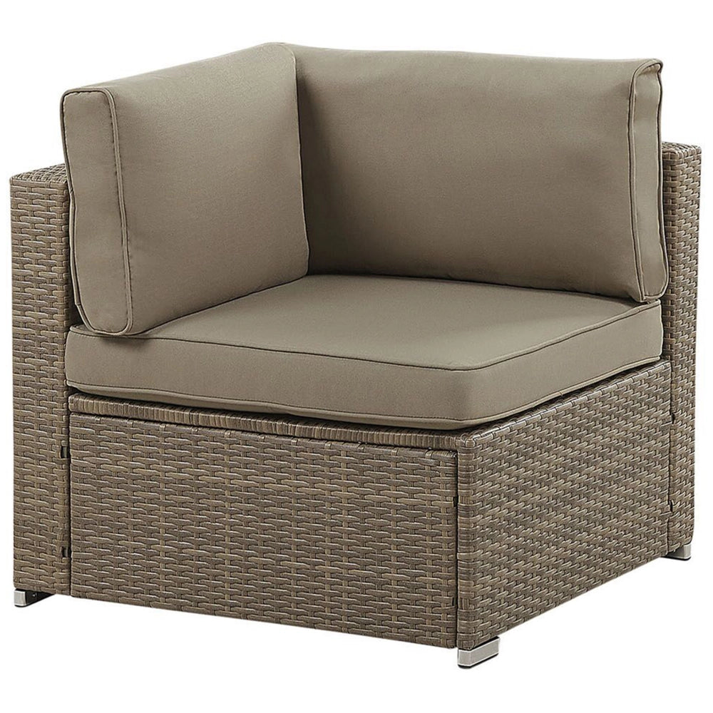 Set salotto esterni Cuscini rattan sintetico marrone Divano angolare modulare 6 persone Tavolino piano vetro temperato Set giardino 7 pezzi