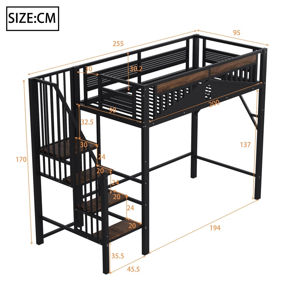 Letto a Soppalco in Metallo 90x200 con Scala ¨C MINIMAL ¨C Nero