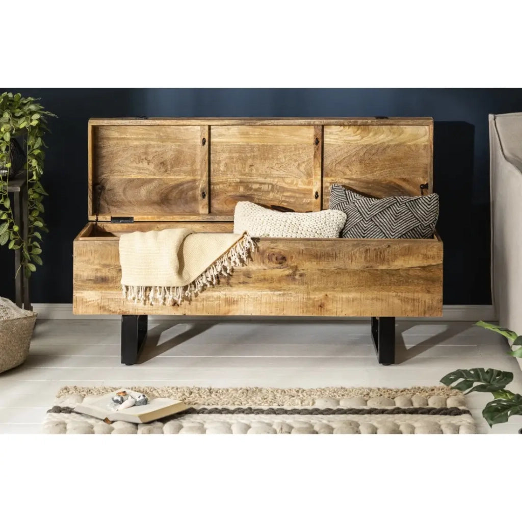 Tavolino basso o panca contenitore MERAX 115 cm in legno massiccio di mango e metallo stile industriale