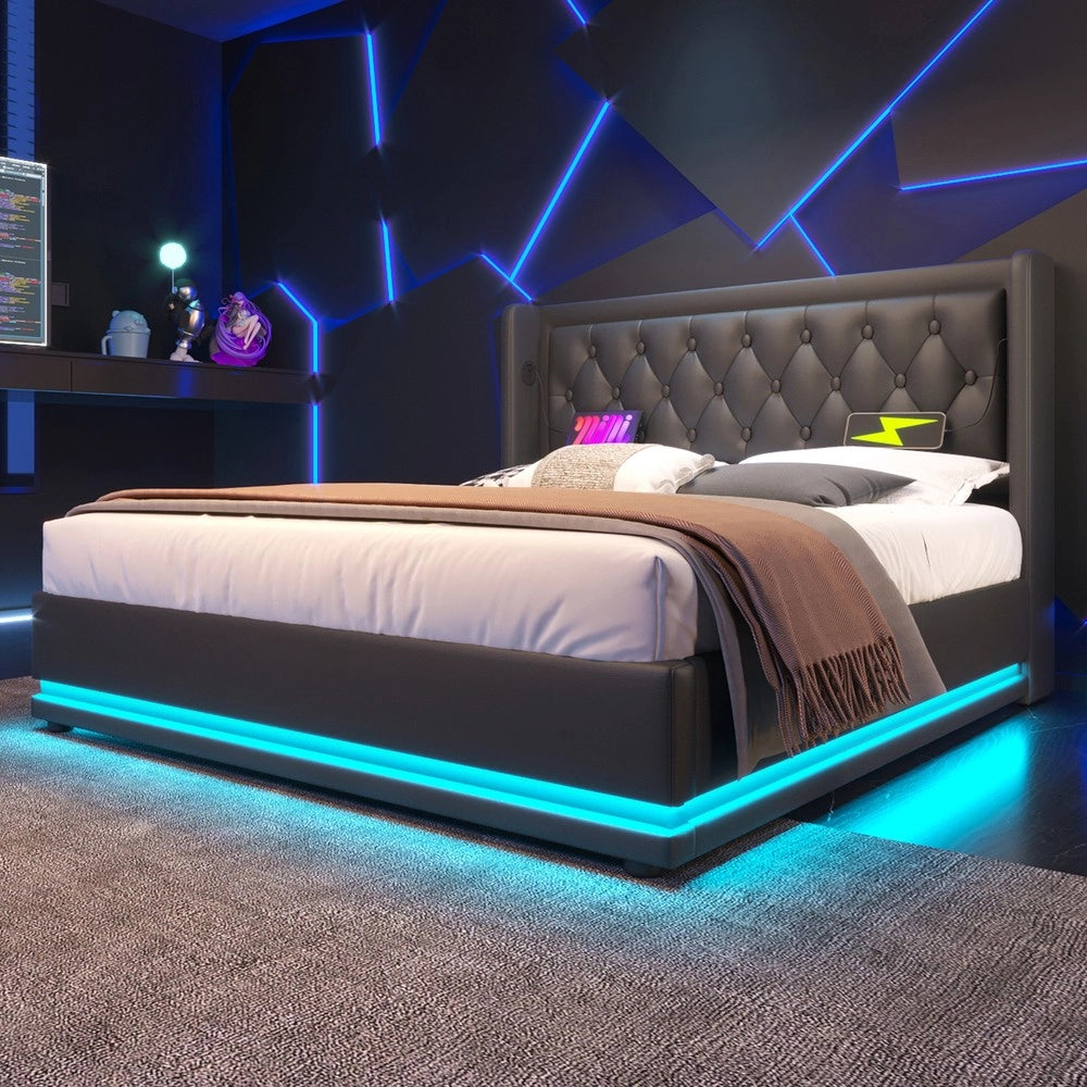 Letto Imbottito Contenitore Matrimoniale LED USB con Materasso ¨C MINIMAL ¨C Nero 140x200 Idraulico