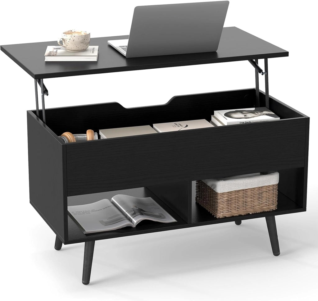 Tavolino da caffè con piano regolabile in altezza, tavolino da caffè e 2 ripiani aperti, tavolo da soggiorno allungabile, tavolino da tè moderno (nero)