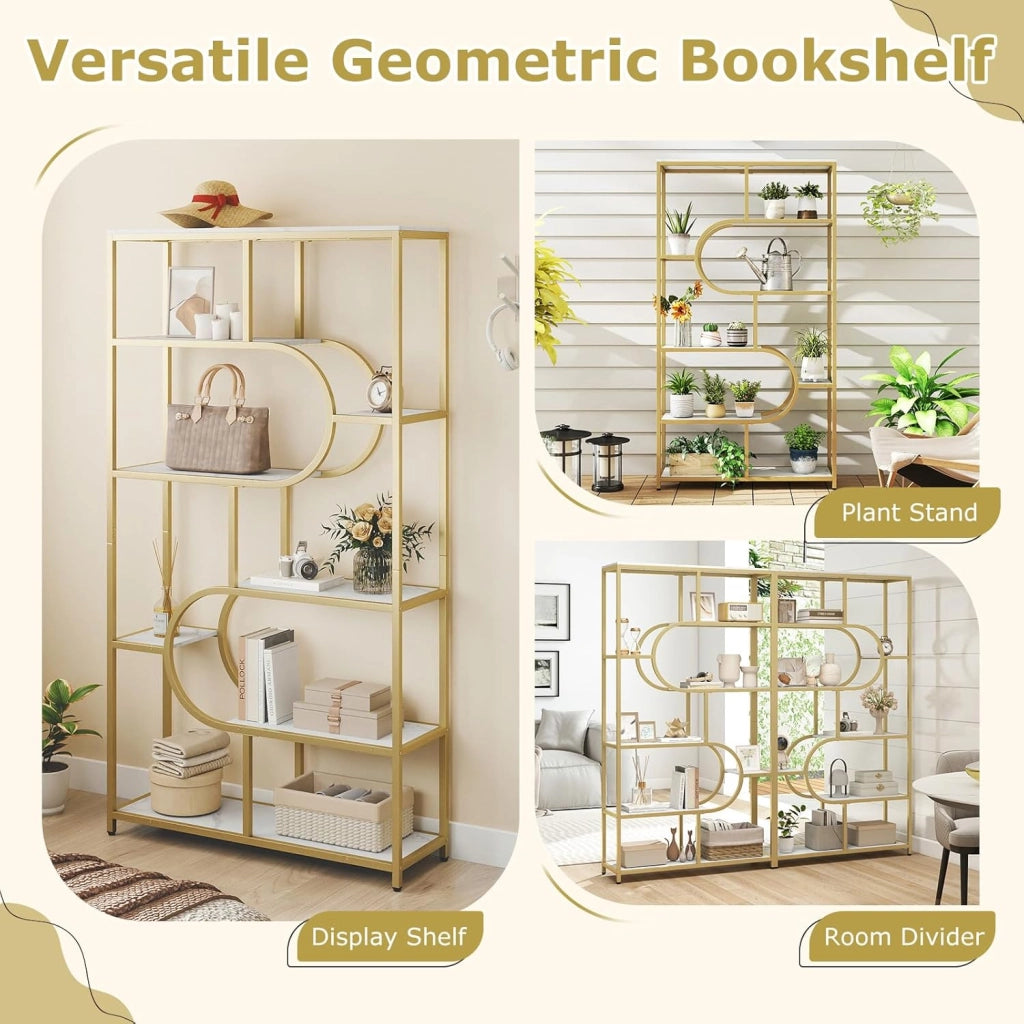 Libreria Geometrica a 8 livelli, scaffale portaoggetti con ripiani aperti in legno, telaio in metallo, kit antiribaltamento, 95 x 30 x 175 cm, per soggiorno, camera da letto, ufficio (bianco)