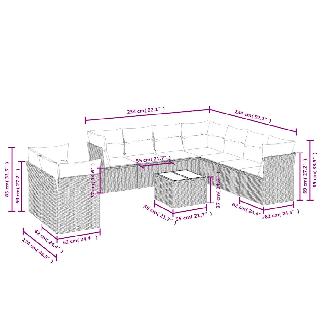 Set Divani da Giardino 10pz con Cuscini in Polyrattan Marrone 3217853