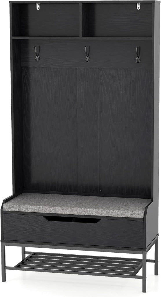 Appendiabiti con Panca Integrata, 3 Ganci + 2 Cubi Portascarpe & Ripiano Nascosto, Armadio Ingresso Multifunzionale 90x38x170cm, Design Elegante per Corridoio e Soggiorno, Facile Assemblaggio
