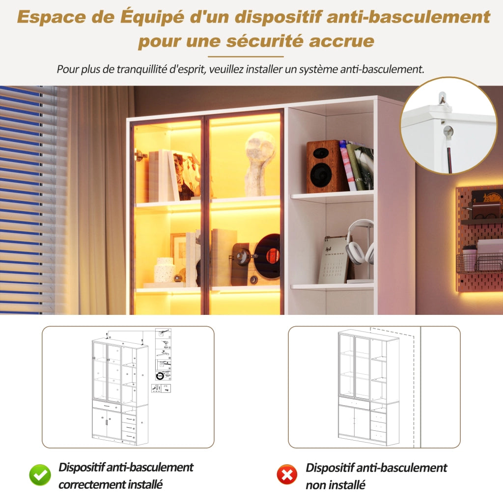 Libreria vetrina con 2 porte in vetro; 4 cassetti; 13 spazi di contenimento; LED; per soggiorno; 120 × 35 × 200 cm
